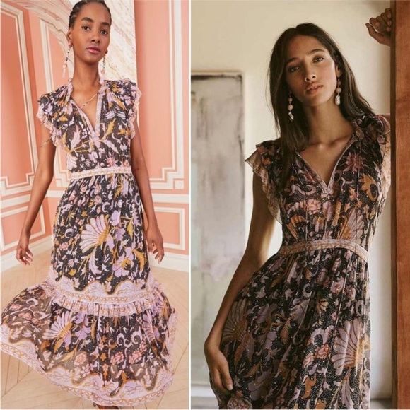 Ulla Johnson Dresses & Skirts - Ulla Johnson RARE Celestia‎ Ruffled Printed Midi Dress Midnight Size 0 Metallic